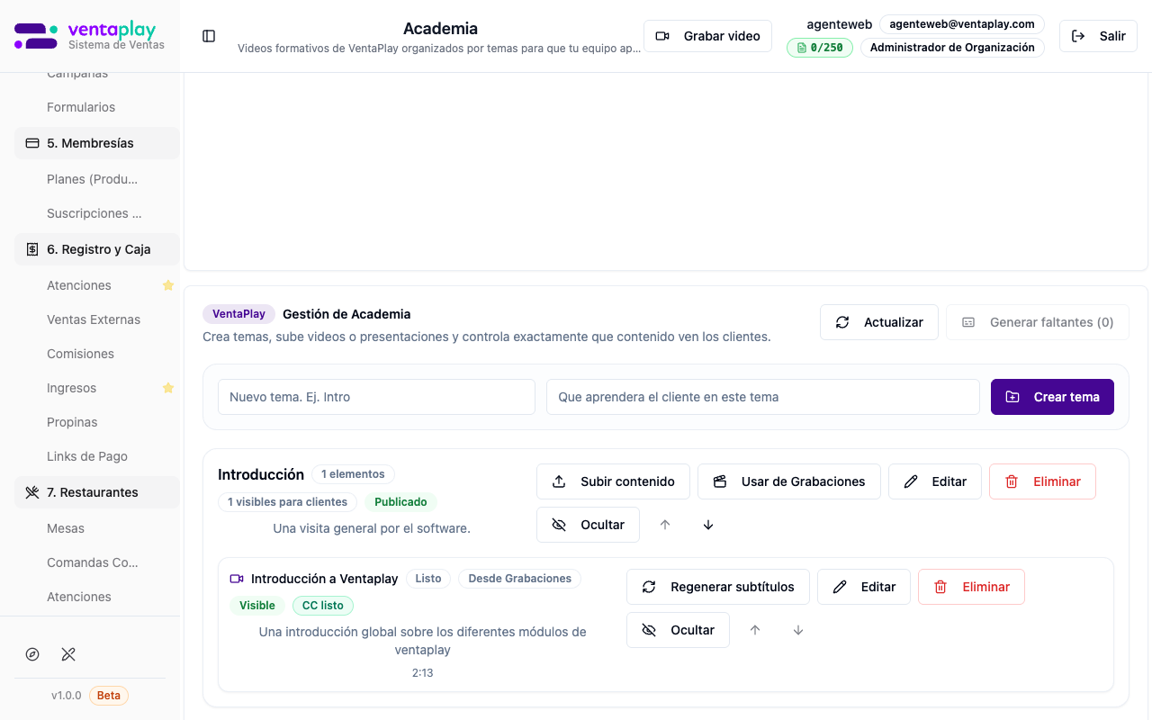 Panel de administración Academia