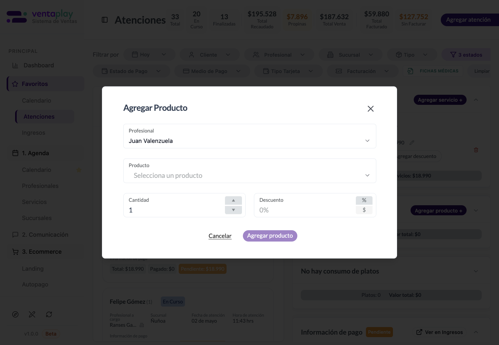Agregar producto — retail dentro de la atención — Modal para incorporar productos vendidos durante la visita sin salir del expediente. Permite que el cobro final mezcle servicios y retail en una sola atención.