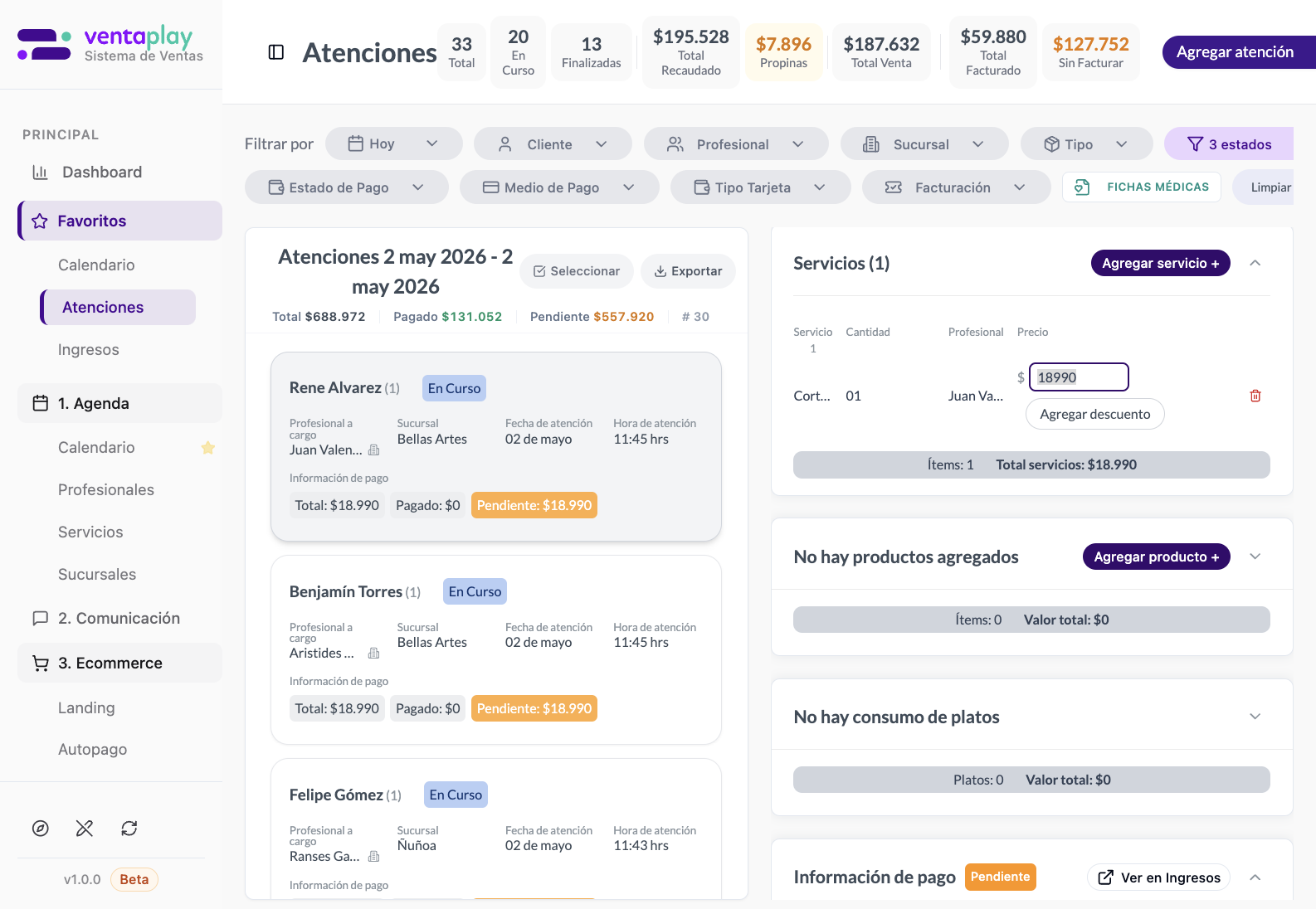 Editar precio — corrección del consumo cargado — Edición inline del precio del servicio consumido en esta atención específica. No cambia el precio maestro del catálogo; corrige solo la realidad económica de esta visita.