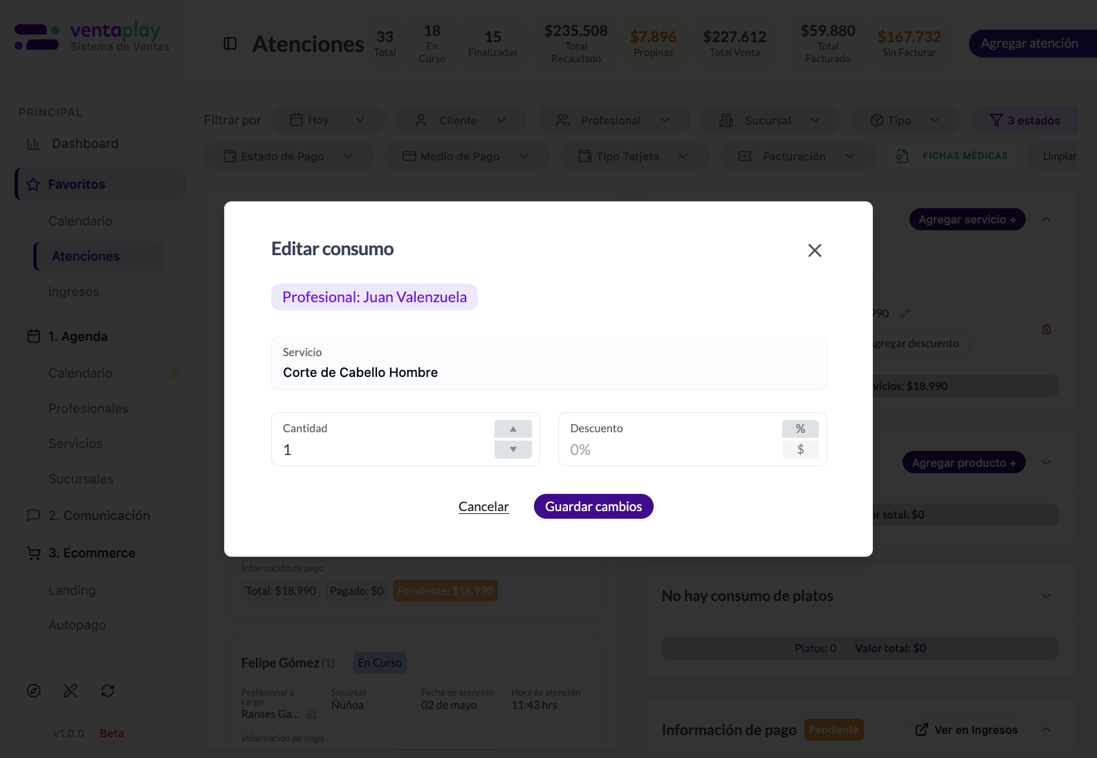 Agregar descuento — ajuste trazable sobre el ítem — Modal de edición del consumo con campos para descuento porcentual o fijo. Permite aplicar una rebaja manteniendo registro explícito del descuento sobre ese servicio.