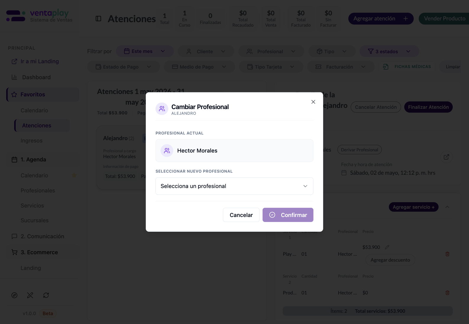 Derivar Profesional — transferencia de titularidad operativa — Modal para cambiar el profesional principal responsable de la atención. Deja claro que derivar no es editar un consumo: transfiere la titularidad operativa del expediente a otro colega.