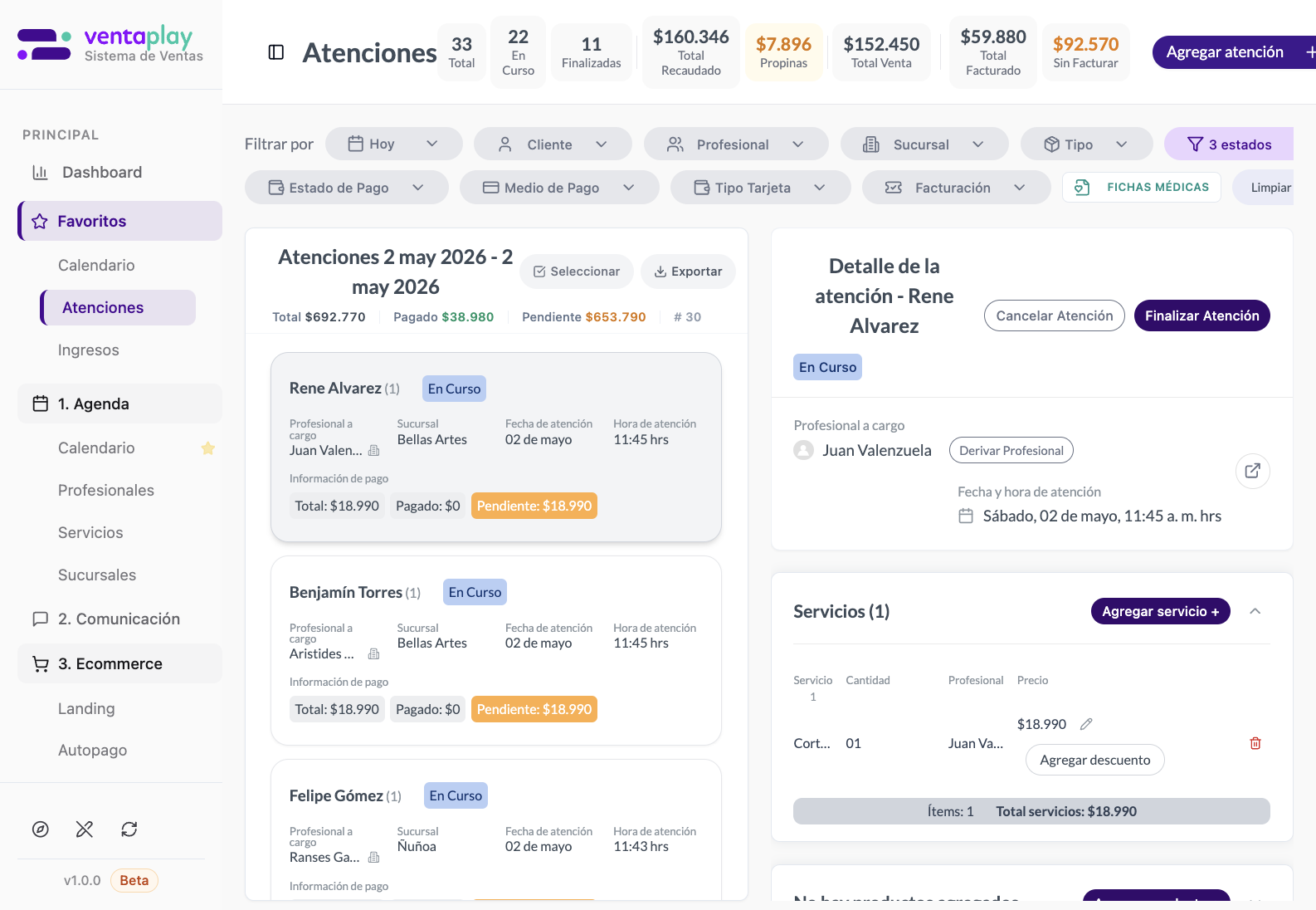 Detalle de atención — panel derecho operativo — Ejemplo real del split view con una atención seleccionada. El panel derecho muestra acciones de gestión, profesional, fecha, servicios, pagos y bloques complementarios como facturación, ficha médica y notas.