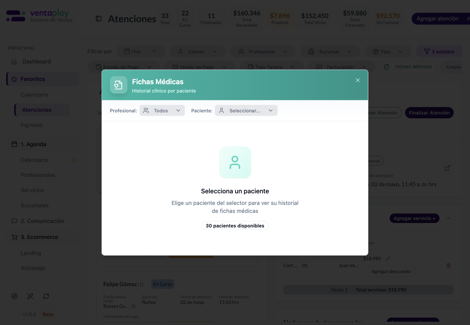 Fichas médicas — modal de historial clínico — Confirmación visual de que el botón Fichas médicas abre un modal separado de historial clínico por paciente, en lugar de comportarse como un filtro directo del listado.