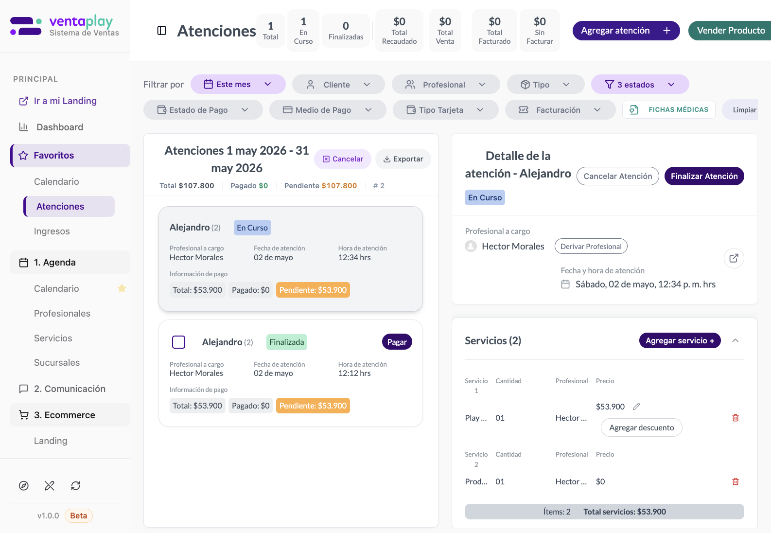 Seleccionar y pagar — preparación de cobro masivo — Modo Seleccionar activo con varias atenciones elegibles dentro del mismo período, checkboxes por card y CTA de pago visible. Documenta que esta vista se usa para preparar cobros en lote de atenciones pendientes, no para acciones masivas genéricas sobre cualquier estado.