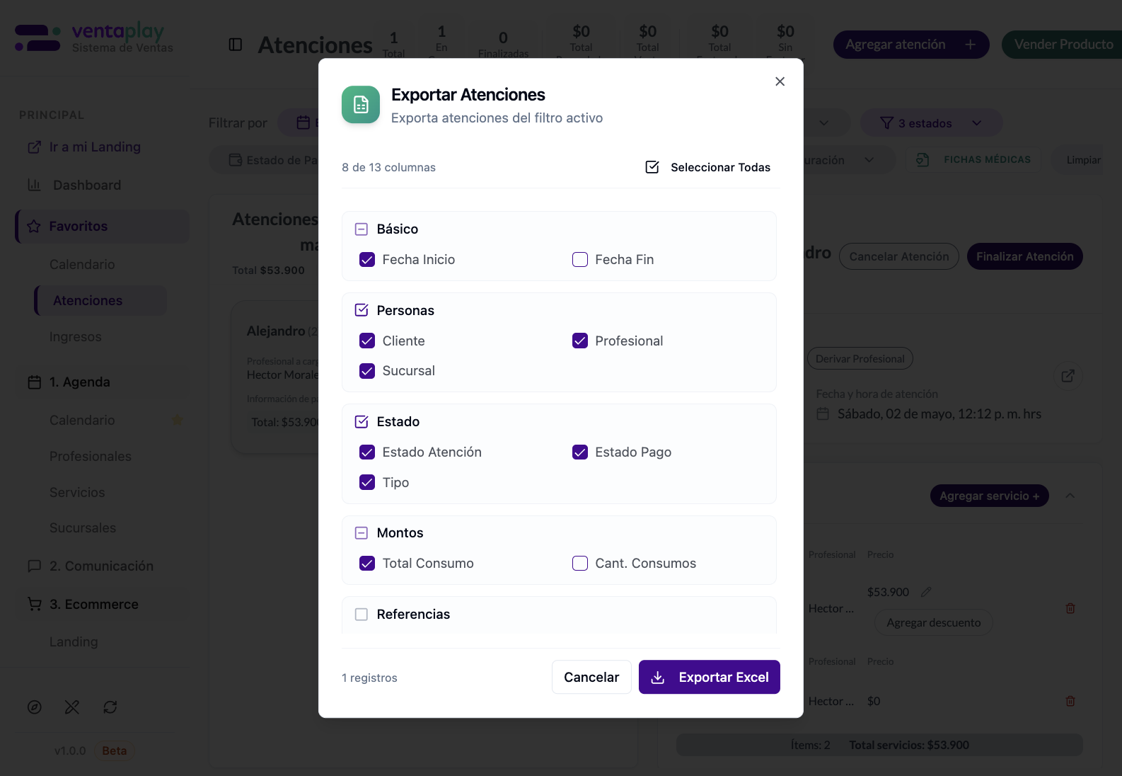 Exportar atenciones — selección de columnas — Modal de exportación con grupos de columnas marcables, conteo de campos activos y CTA para exportar a Excel. Sirve para auditar qué información saldrá del período filtrado antes de descargar.