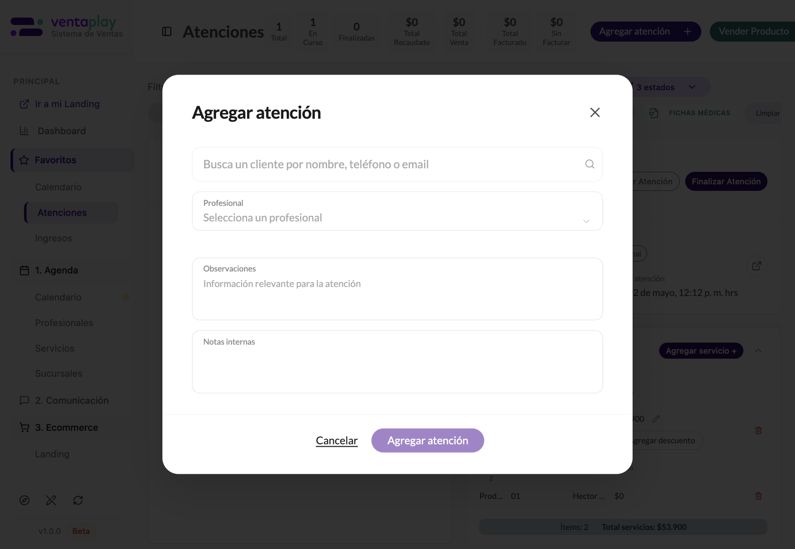 Agregar atención — creación manual fuera del calendario — Primer paso del flujo de creación manual de una atención, con búsqueda de cliente, profesional, observaciones y notas internas. Confirma que el módulo permite abrir expedientes operativos sin depender de una cita previa.
