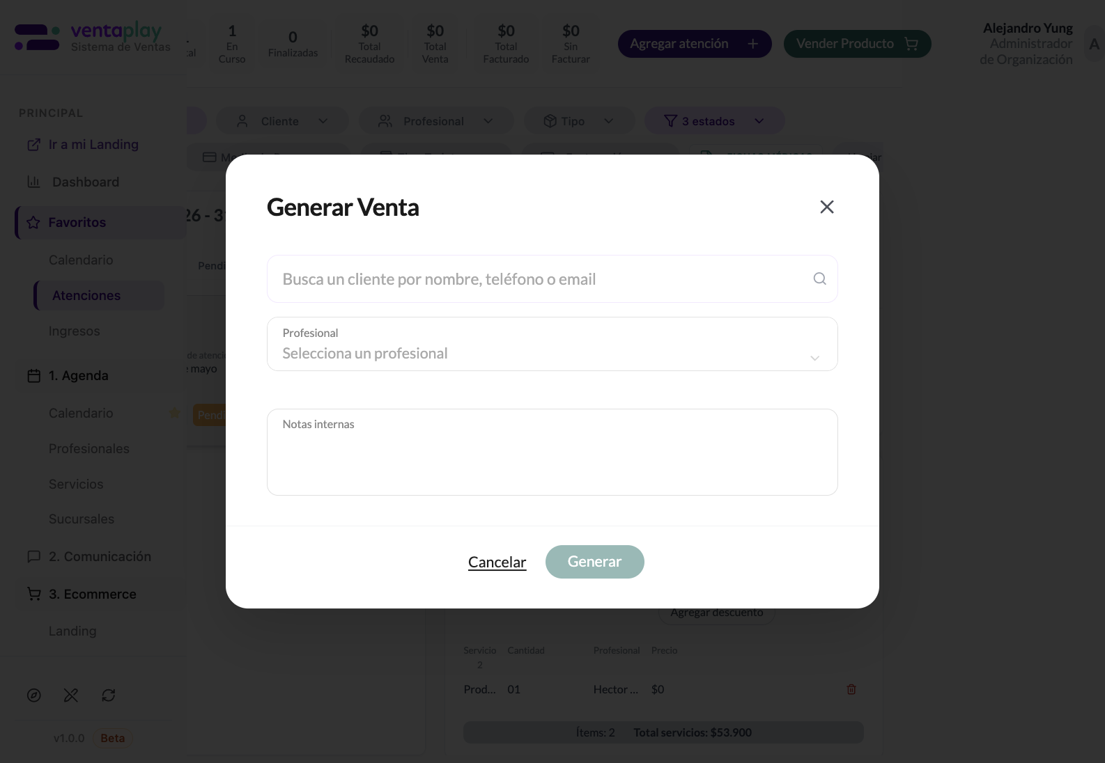 Vender Producto — venta directa sin servicio agendado — Modal inicial de venta directa para registrar productos sin pasar por una atención tradicional de agenda. Se usa cuando el negocio necesita cobrar retail puro desde la misma columna vertebral operativa.