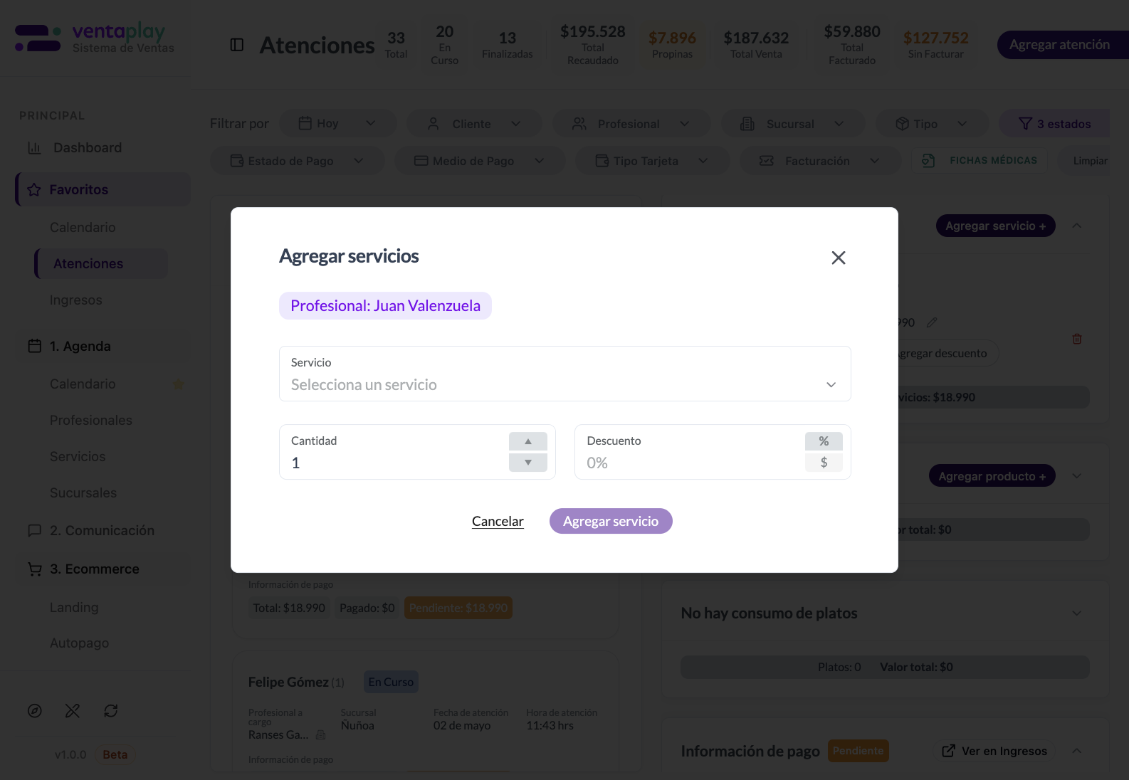 Agregar servicio — sumar consumo a la visita — Modal para agregar un servicio adicional dentro de una atención ya abierta, con profesional, cantidad y descuento. Sirve para reflejar upsell o ajustes respecto de lo originalmente agendado.