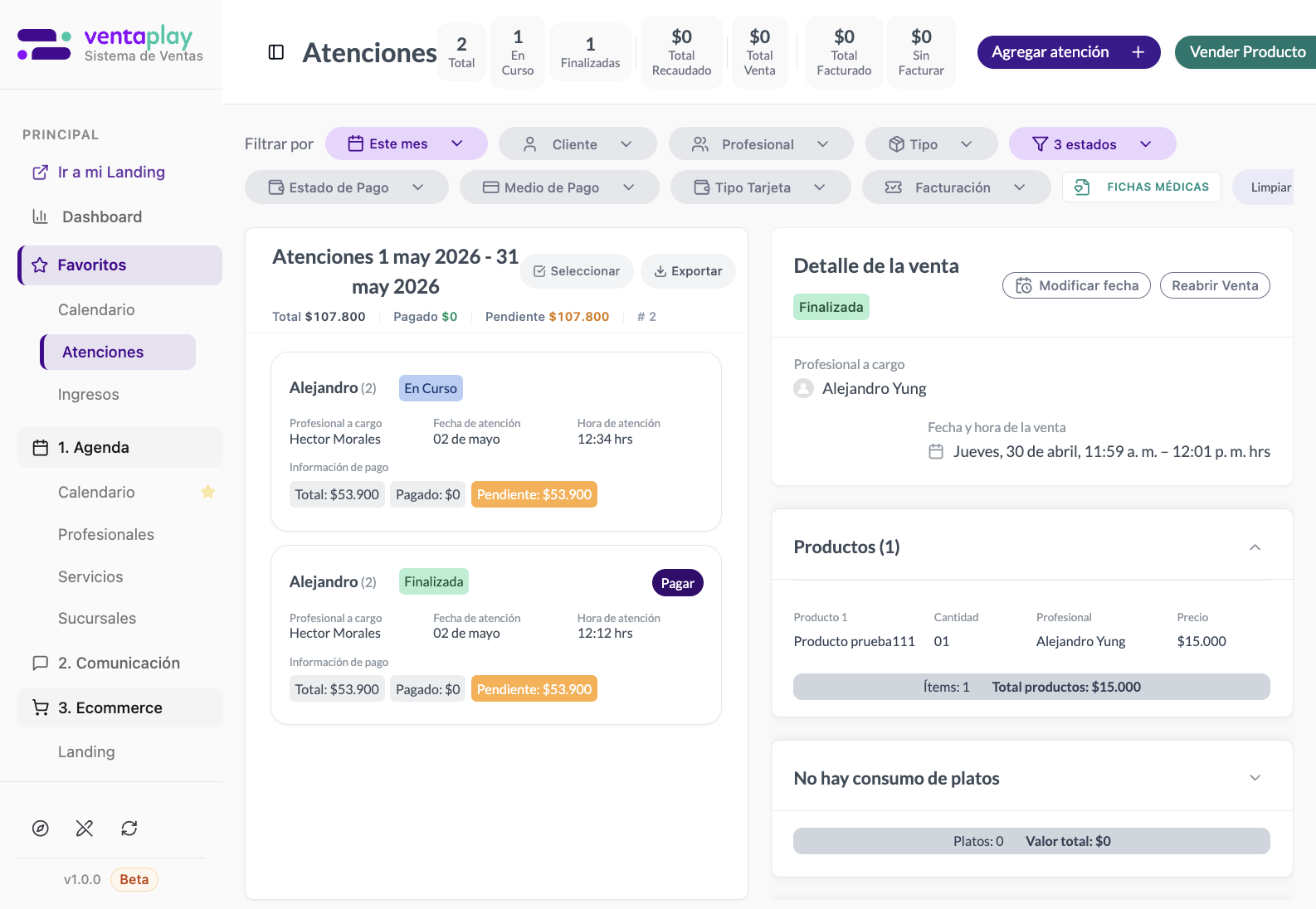 Ver atención — salto directo al expediente de origen — Drill-down desde Comisiones hacia la atención o venta exacta que originó la fila comisionable. Permite validar el detalle operativo detrás del cálculo sin perder trazabilidad entre caja, consumo y expediente.