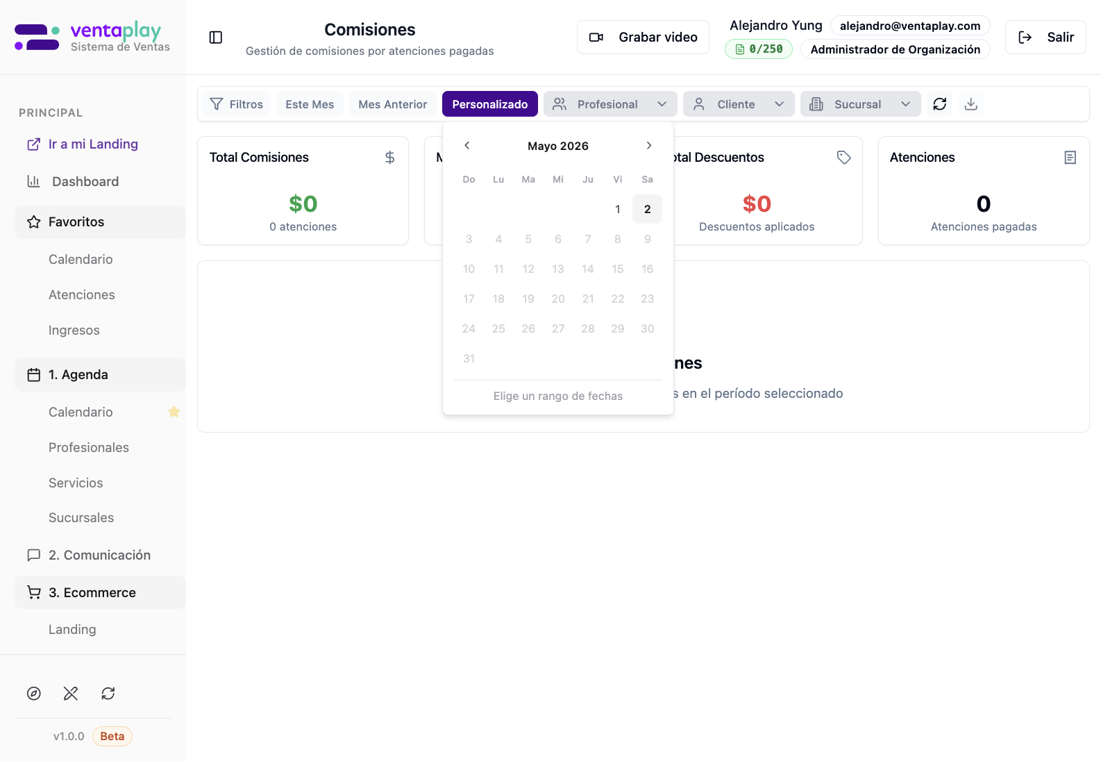 Personalizado — calendario para cortes manuales — Selector de rango manual para revisar períodos no estándar, como cierres parciales, quincenas o auditorías puntuales. Confirma que el módulo no depende solo de atajos rápidos de fecha.