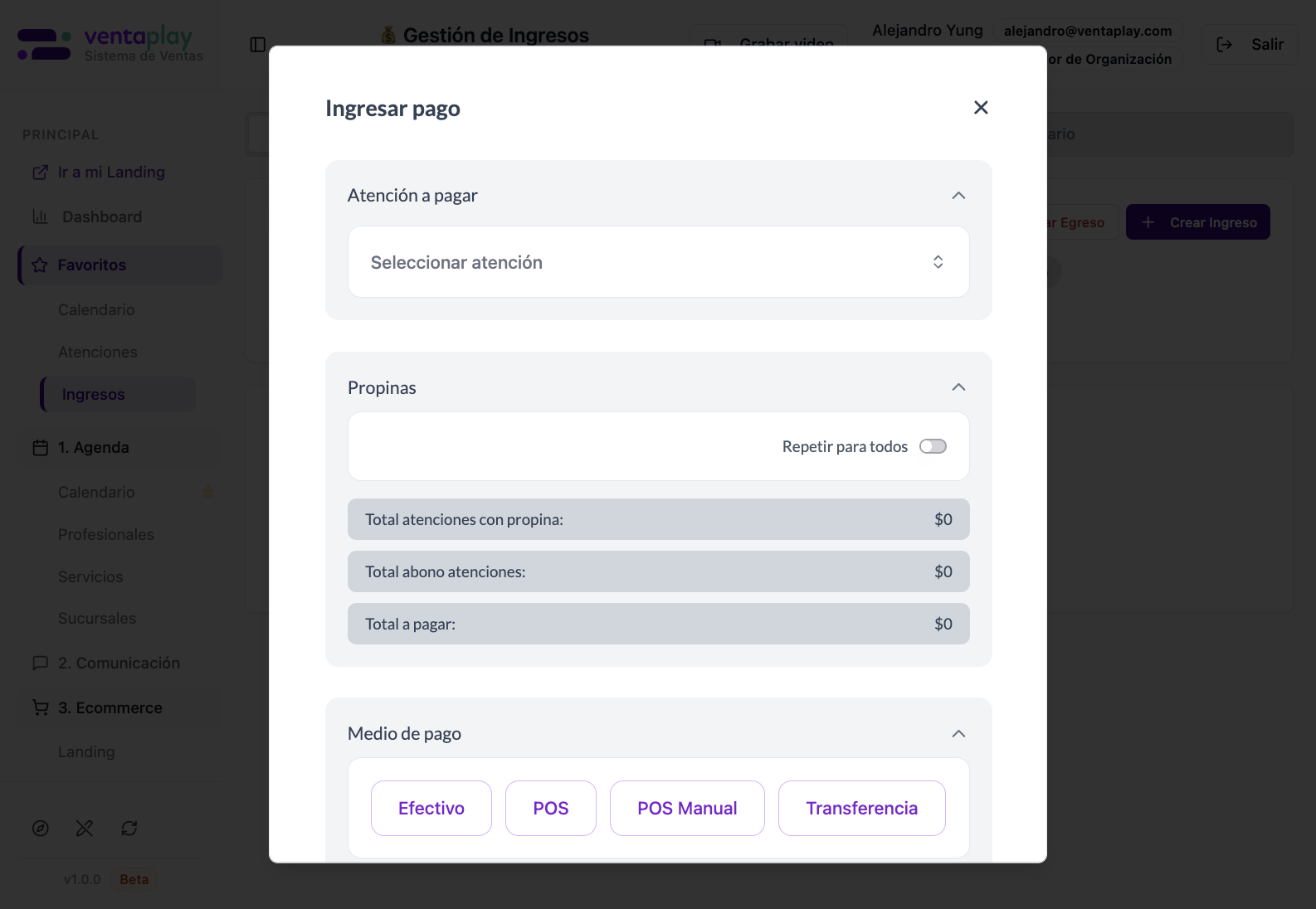 Crear Ingreso — registrar pago manual — Modal de ingreso de pago con secciones para seleccionar la atención, manejar propinas, elegir medio de pago y revisar el total final. Deja claro que el módulo está pensado para registrar caja trazable, no solo un monto suelto.