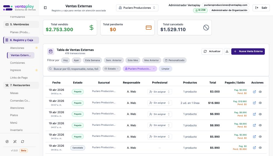 Listado operativo con ventas reales — Vista real con 419 transacciones en el período: KPIs poblados, mezcla de ventas pagadas y canceladas, filtro de sucursal aplicado y tabla con responsable, profesional, productos y columna Pagado / Saldo para cuadratura rápida.