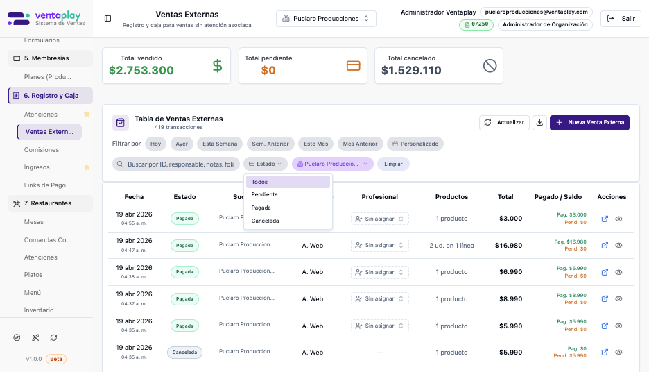 Filtro por estado comercial — Dropdown de Estado con opciones Todos, Pendiente, Pagada y Cancelada. Sirve para separar ventas por situación de caja y detectar pendientes de cobro o anulaciones sin revisar fila por fila.