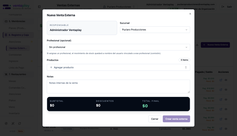 Modal Nueva Venta Externa — Formulario de creación con responsable, sucursal, profesional opcional, agregador de productos, notas internas y resumen económico en vivo (Subtotal, Descuentos, Total final). Es la pantalla donde se arma la venta antes de impactar caja e inventario.
