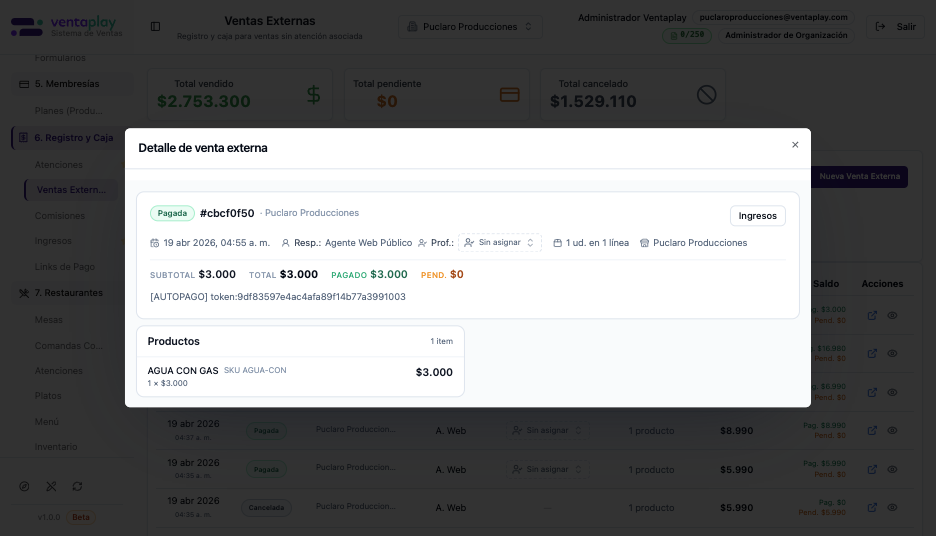 Detalle de una venta real — Detalle de una venta pagada con identificador, fecha/hora, responsable web, profesional sin asignar, cantidad de productos, subtotal, total, pagado, pendiente e ítem vendido. Incluye acceso a Ingresos para seguir la trazabilidad del dinero.
