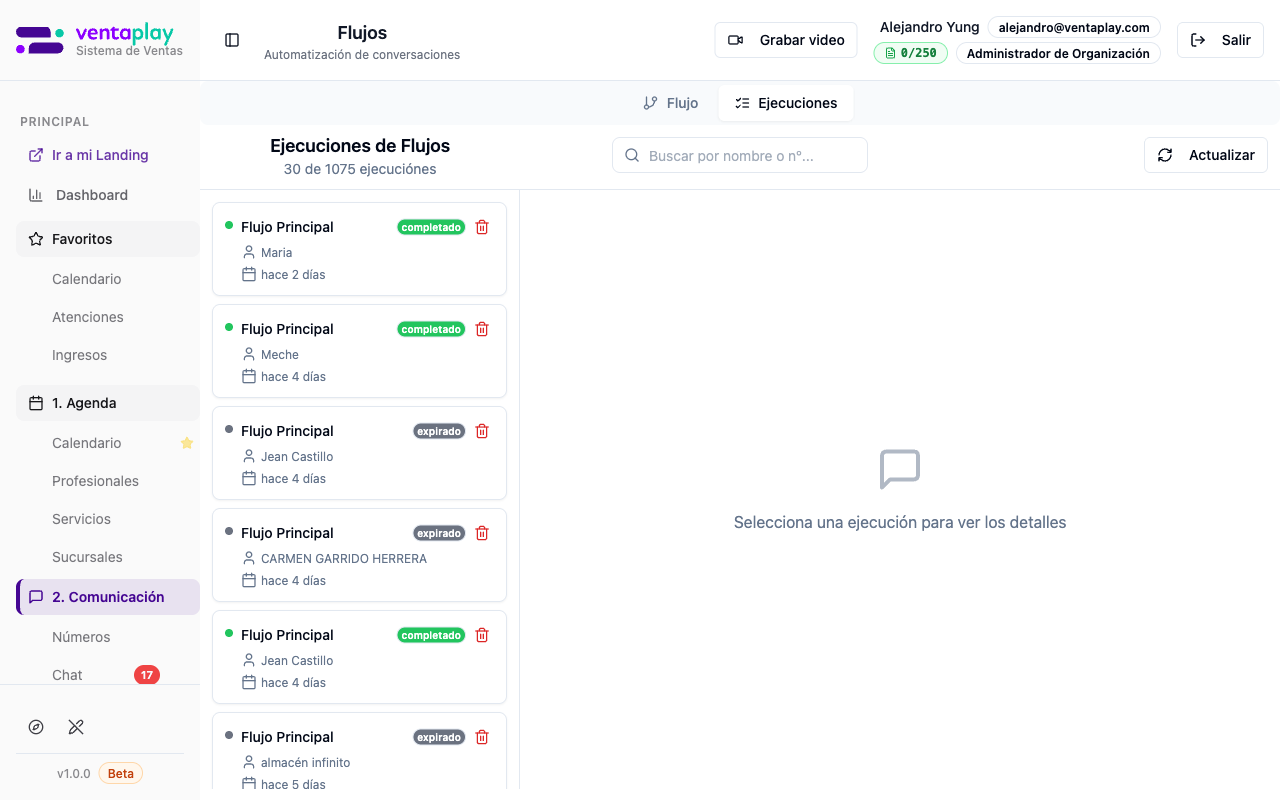 Tab Ejecuciones con historial de runs