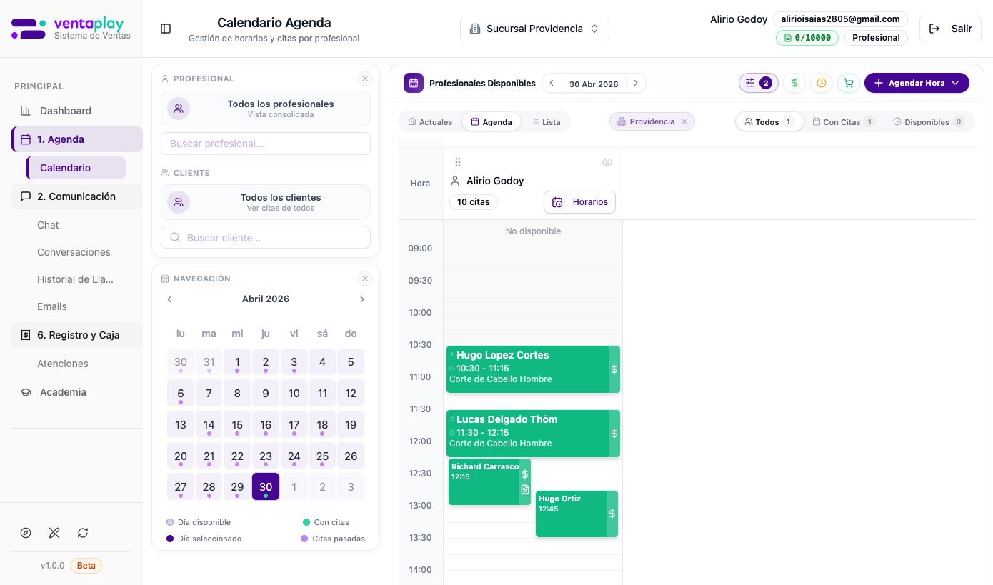 Modo Agenda — grilla de horarios por profesional — Vista central de operación: columna de Alirio Godoy con 10 citas. Bloque 'No disponible' de 09:00 a 10:30 (fuera de horario), luego citas activas (verde): Hugo Lopez Cortes 10:30-11:15, Lucas Delgado Thöm 11:30-12:15, Richard Carrasco 12:15, Hugo Ortiz 12:45. Botón 'Horarios' del profesional visible en la cabecera de columna.