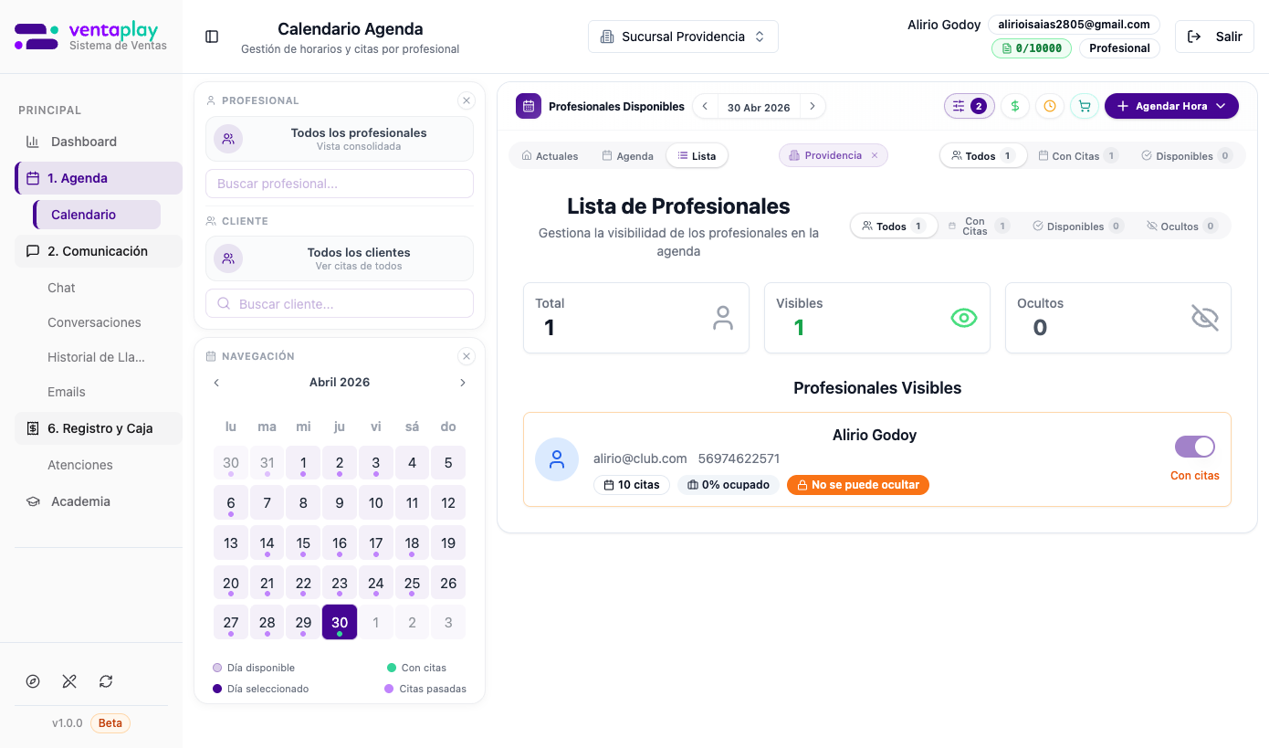 Modo Lista — visibilidad de profesionales — Panel de gestión de columnas: Lista de Profesionales (no de citas). Total 1, Visibles 1, Ocultos 0. Alirio Godoy aparece como 'Con citas', 10 citas, 0% ocupado. Toggle para mostrarlo u ocultarlo en la grilla. Tabs: Todos / Con Citas / Disponibles / Ocultos.