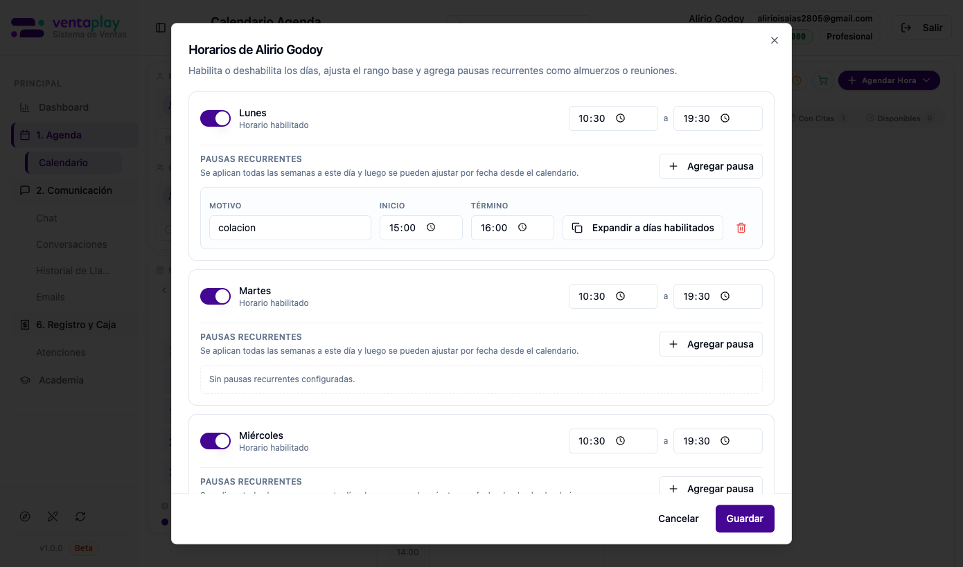 Modal Horarios — configuración de disponibilidad del profesional — Accedido desde el botón 'Horarios' en la cabecera de cada columna. Muestra la configuración semanal de Alirio Godoy: Lunes habilitado 10:30-19:30 con pausa 'colacion' 15:00-16:00 y opción 'Expandir a días habilitados'. Martes habilitado sin pausas. Miércoles habilitado. Cada día tiene toggle de habilitar/deshabilitar, rango horario ajustable y pausas recurrentes.