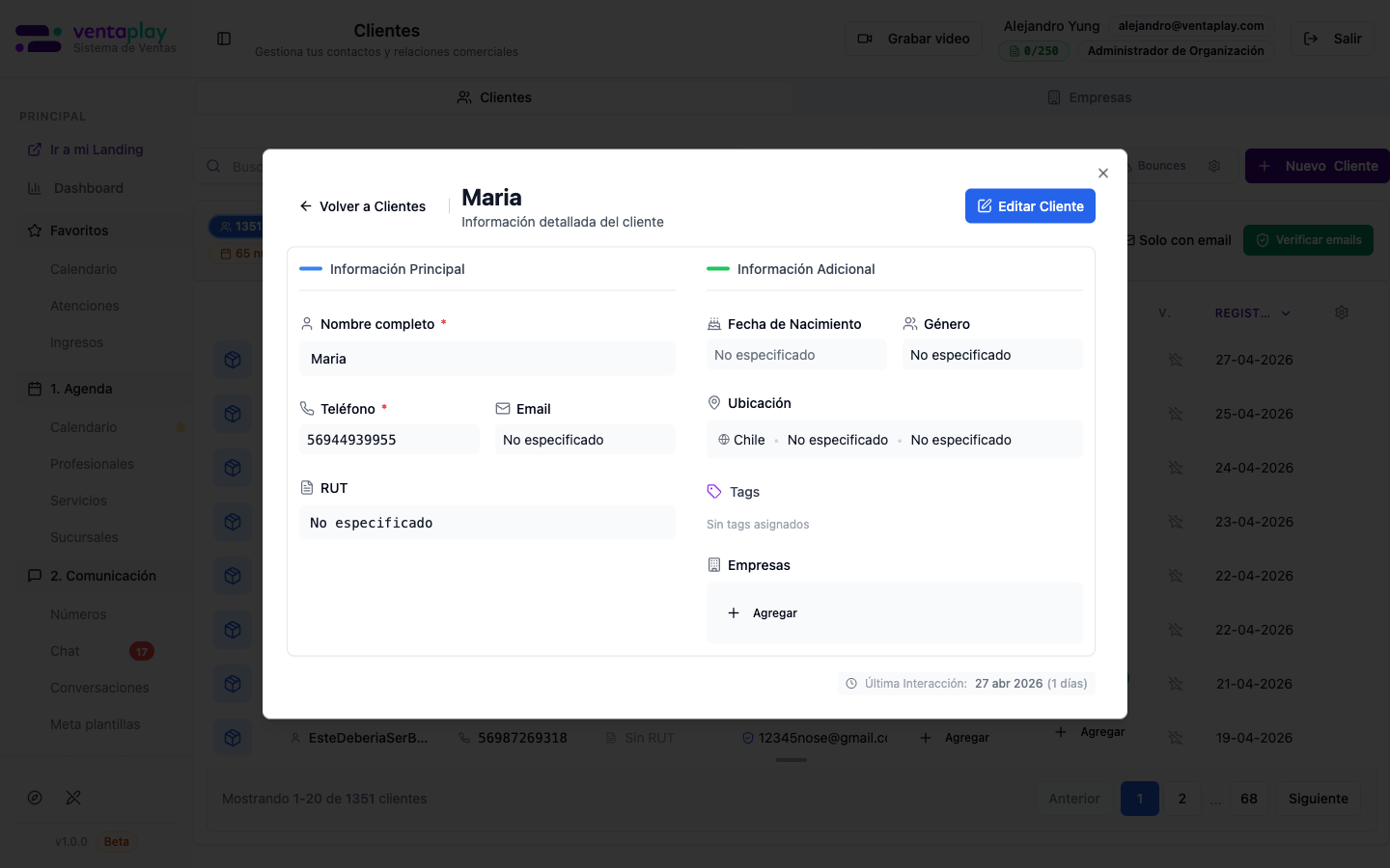 Modal detalle de cliente