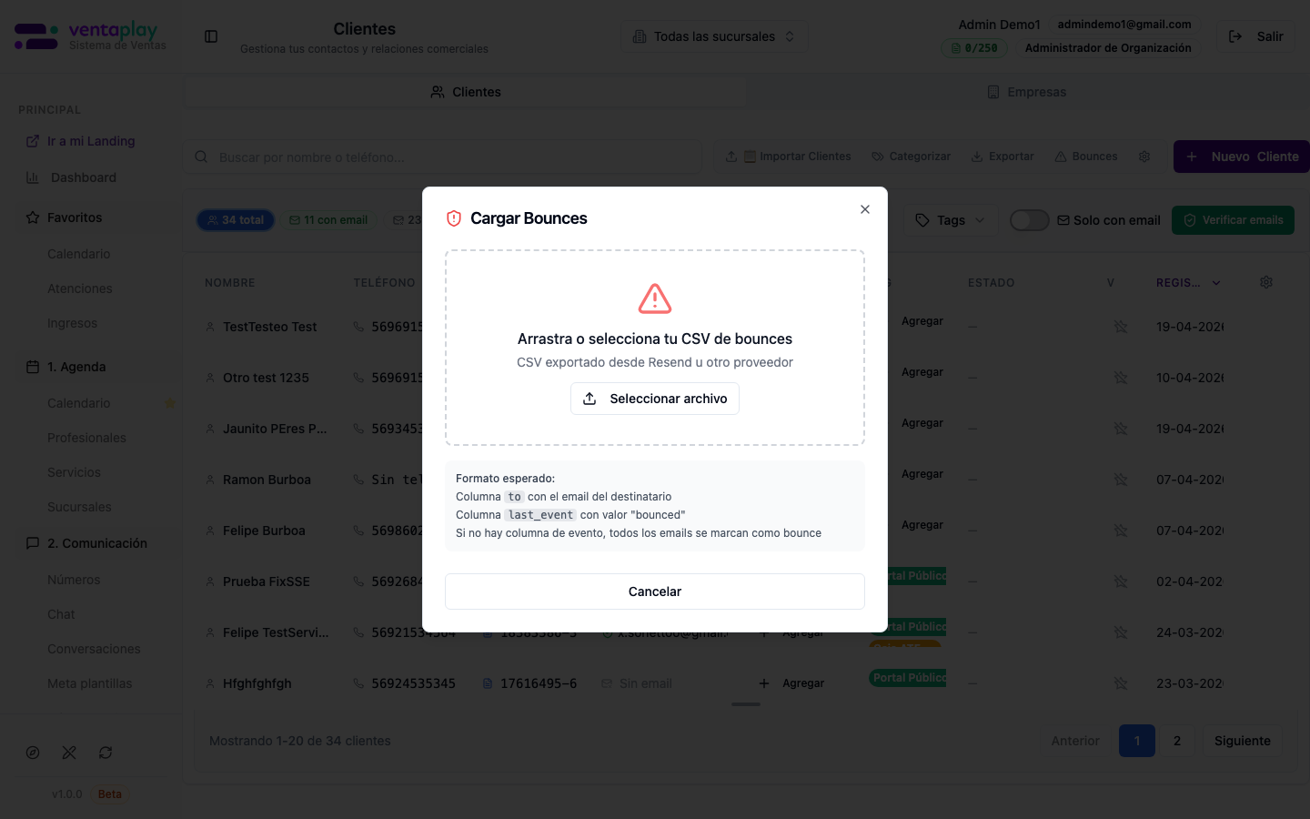 Bounces — calidad de emails — Modal de gestión de **Bounces** (emails rebotados) para limpiar la base y proteger reputación de envío.