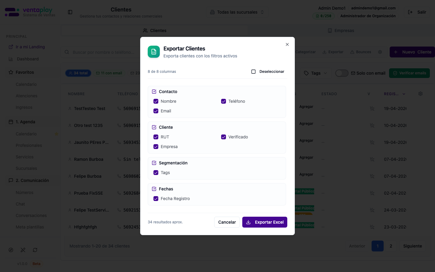 Exportar clientes — descarga Excel — Modal **Exportar Clientes** para descargar la base (según filtros vigentes) en Excel, con confirmación y estado de exportación.