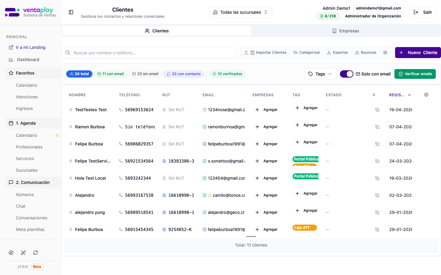 Filtro Solo con email — segmentación rápida — Listado con el filtro **Solo con email** aplicado para trabajar clientes contactables por correo.