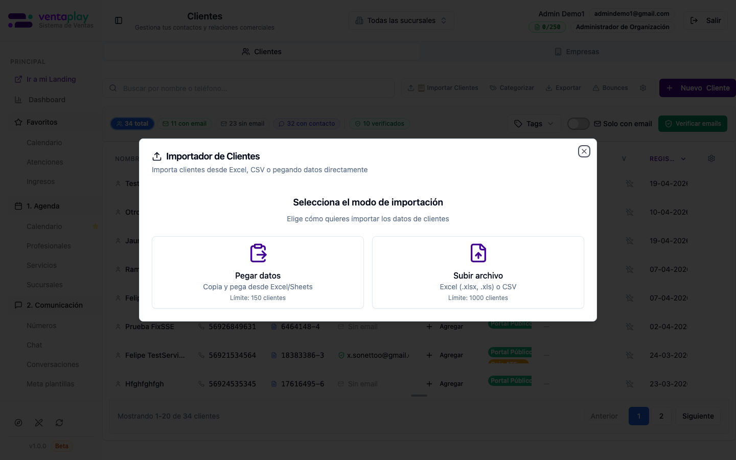 Importar clientes — Excel / sistema previo — Modal **Importar Clientes** para traer bases desde Excel u otros orígenes, con instrucciones y descarga de plantilla antes de confirmar carga.