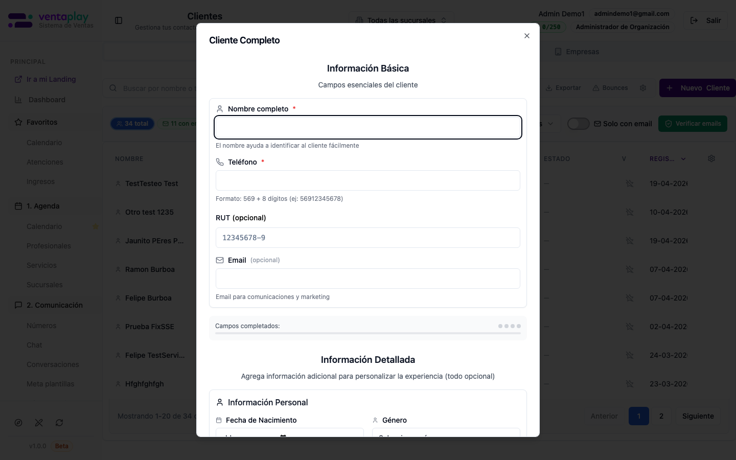 Cliente Completo — ficha extendida — Formulario **Cliente Completo** con bloques de información principal y adicional (scroll), para alta con máximo detalle desde el primer guardado.