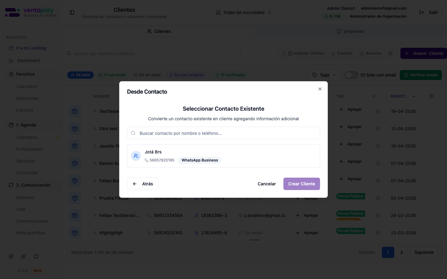 Nuevo cliente — desde contacto existente — Tras **Desde Contacto Existente**: buscador y listado de contactos sin ficha de cliente, para convertir el canal en cliente CRM sin duplicar números (misma vista operativa que la captura de Contactos vinculada a este flujo).