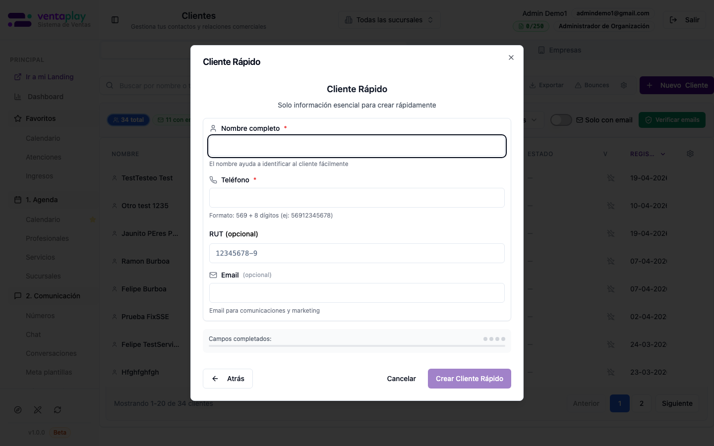 Cliente Rápido — captura mínima — Formulario **Cliente Rápido** del flujo de creación: campos esenciales visibles para registrar al cliente sin interrumpir la operación del local.