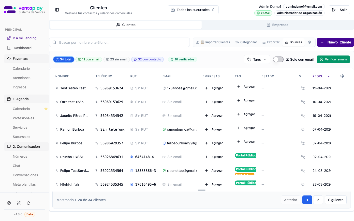 Verificación de emails en listado — Vista del listado con la acción de **Verificar emails** disponible en el header (verificación masiva / calidad de datos según permisos de la org).