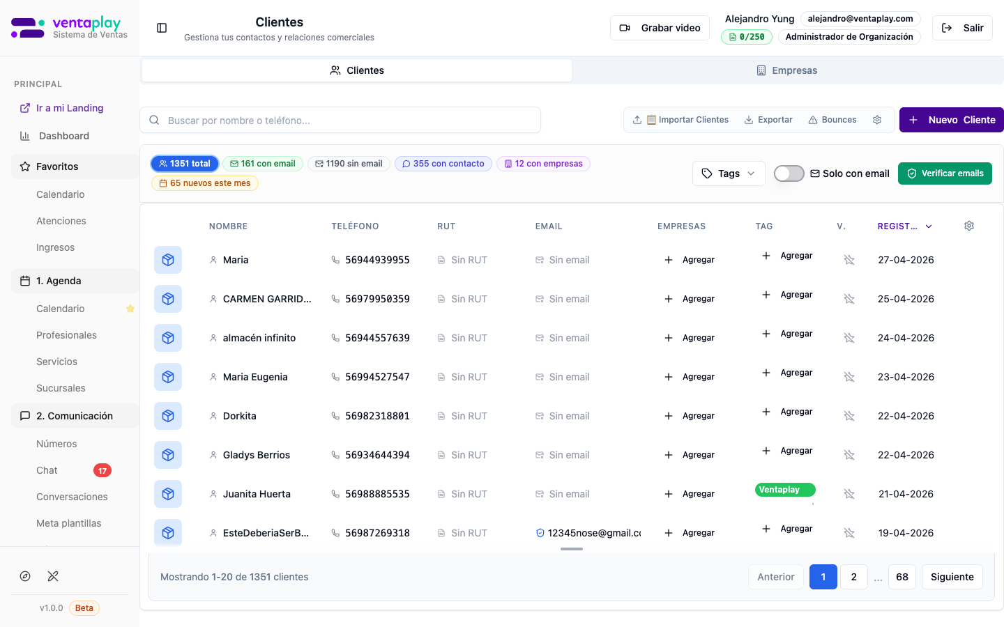 Tabla principal con filtros y contadores