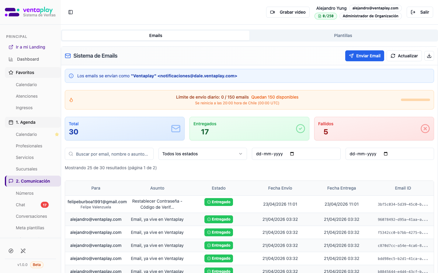 Tab Emails — sistema de envío