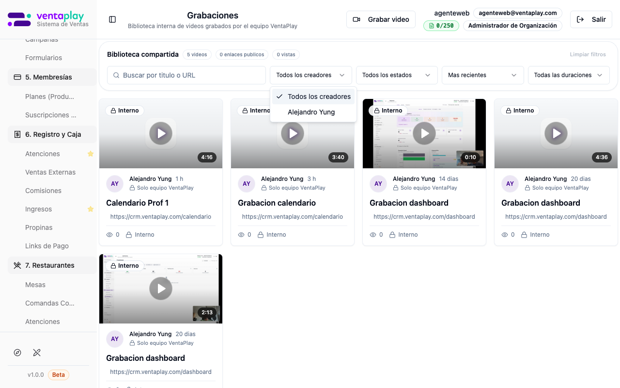 Filtro por creador desplegado