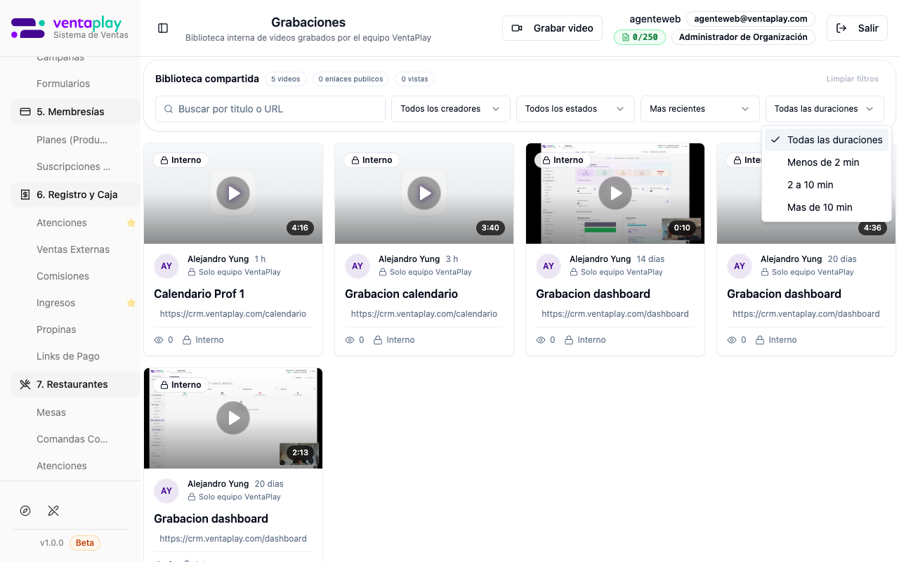 Filtro por duración desplegado