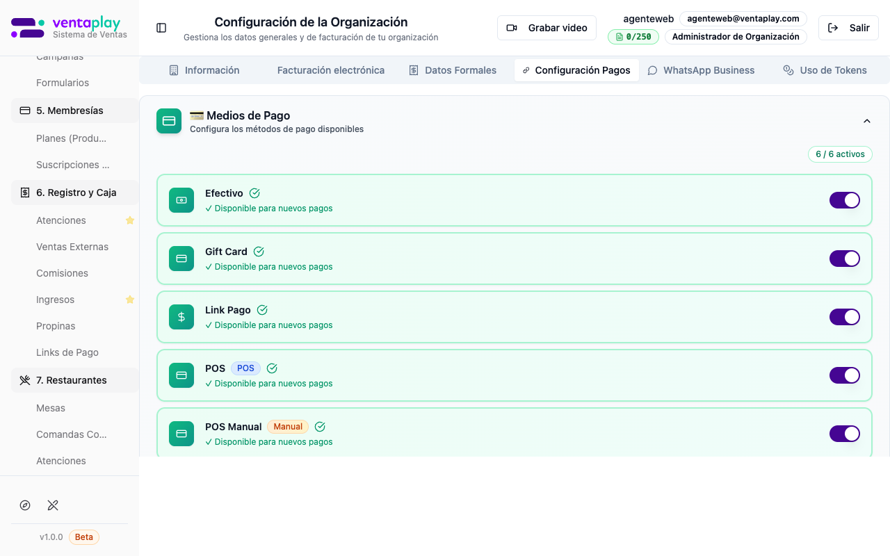 Tab Configuración Pagos
