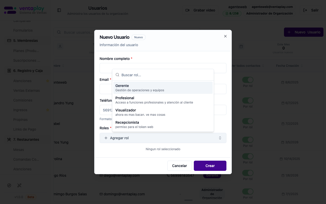 Panel de gestión de roles