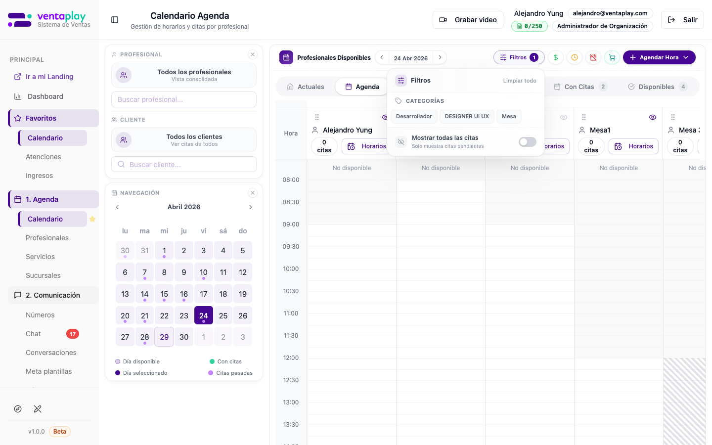 Filtros por profesional