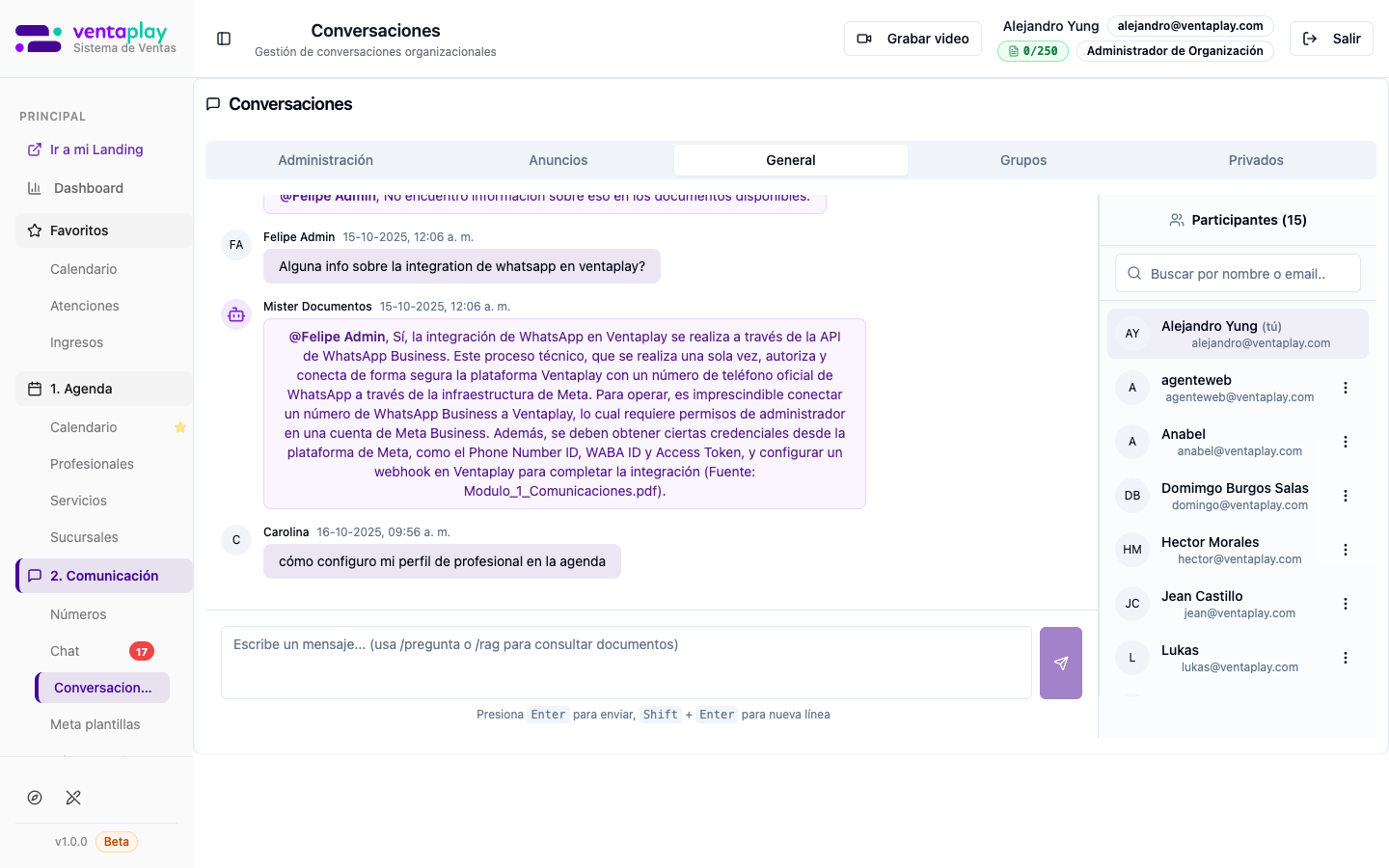 Tab General con mensajes