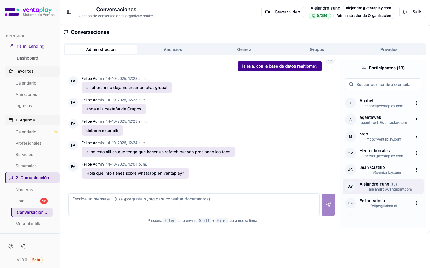 Tab Administración con participantes