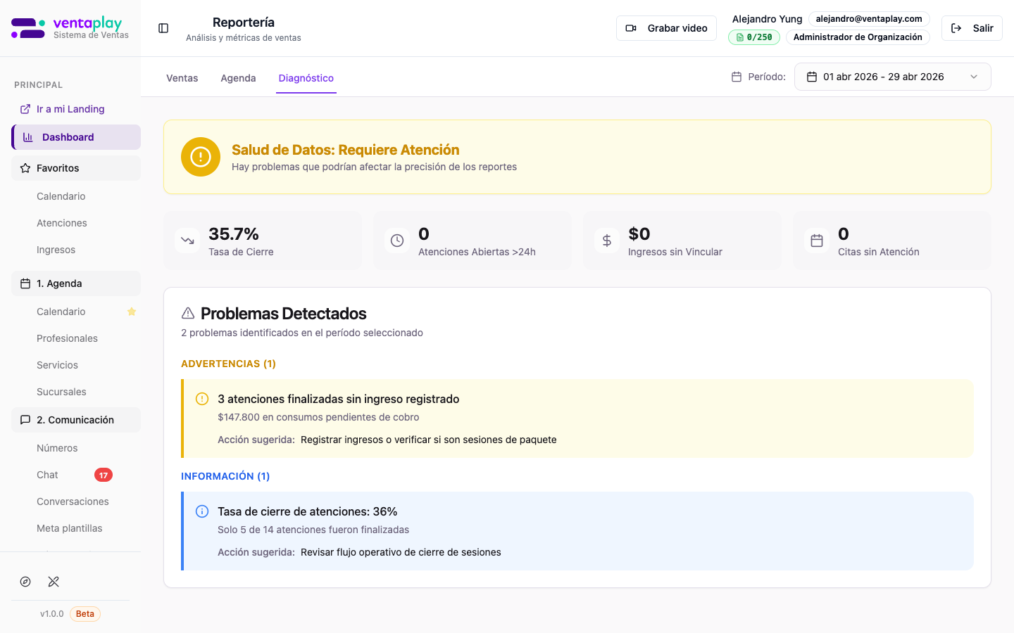 Tab Diagnóstico — problemas detectados