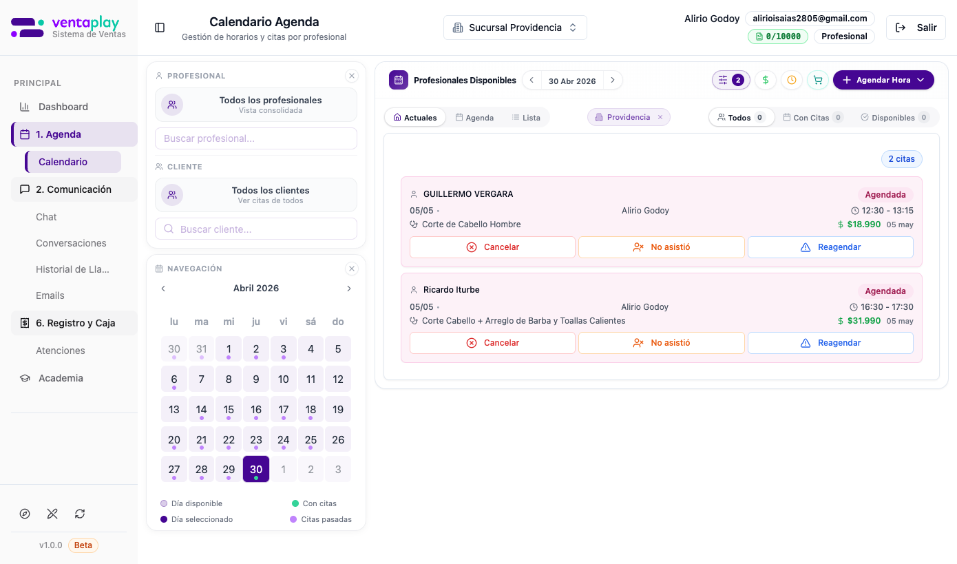 Mi calendario — vista personal desde el reporte — El botón 'Mi calendario' lleva al profesional directamente a su Calendario Agenda filtrado con sus citas. Alirio Godoy ve sus próximas citas (05 mayo): Guillermo Vergara Corte de Cabello $18.990 y Ricardo Iturbe Corte + Arreglo $31.990. Cada cita tiene acciones: Cancelar, No asistió, Reagendar. El rol 'Profesional' es visible en el header — confirma que la vista está aislada por rol.