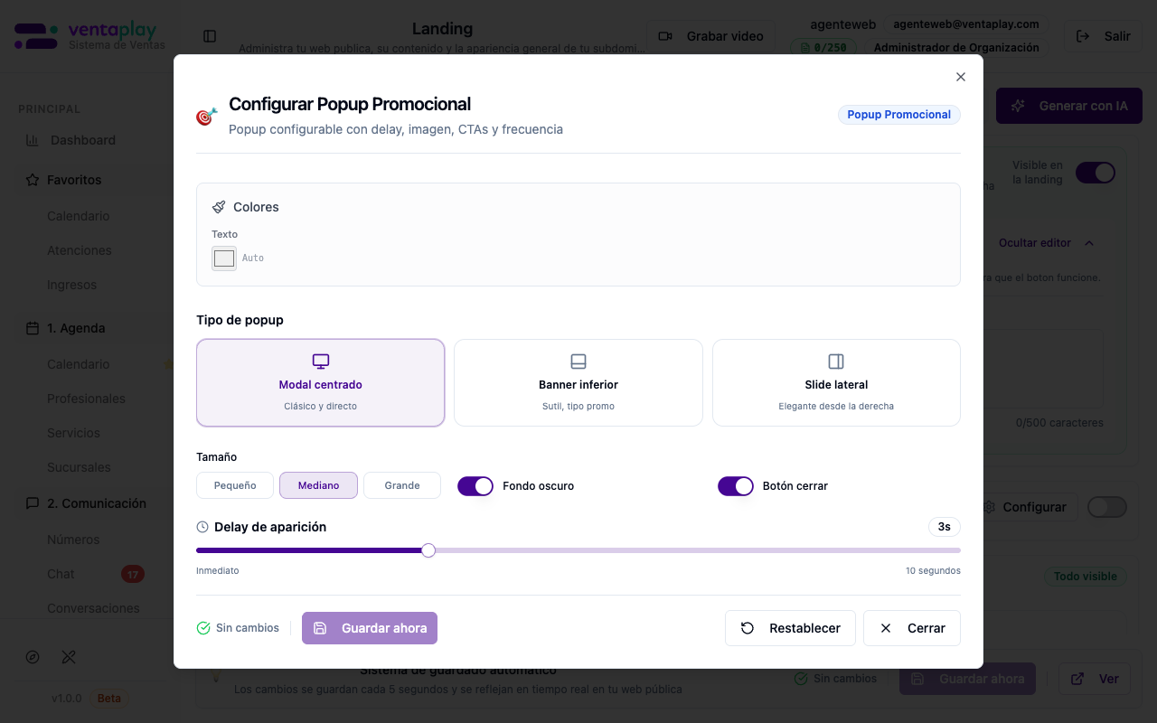 Configuración del popup promocional