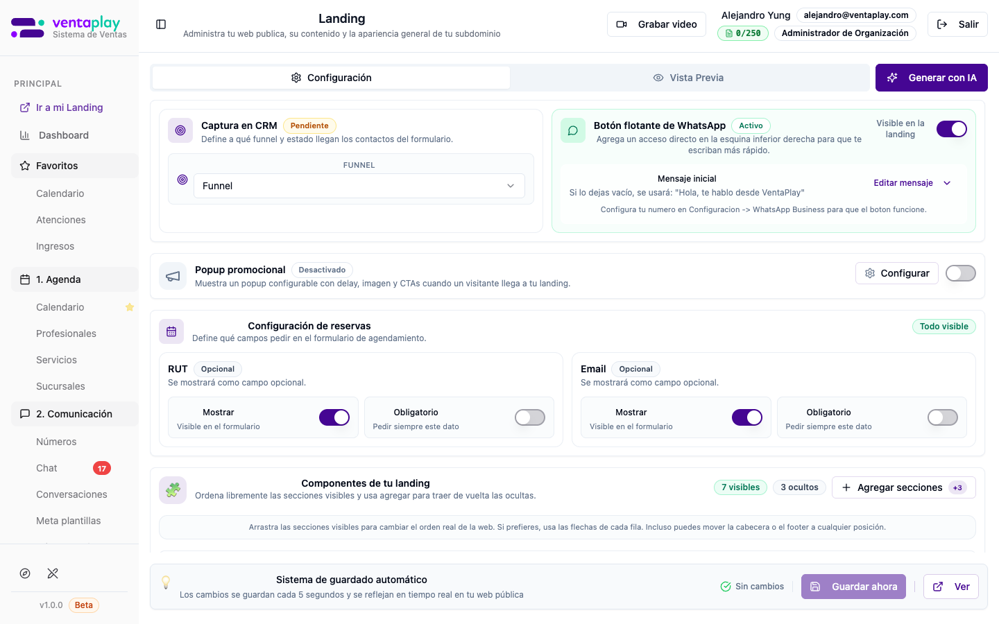 Tab Configuración — bloques de la landing