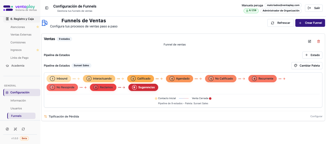 Funnel real configurado — Vista real de `malcriados@ventaplay.com`: funnel `Ventas` con 9 estados, pipeline horizontal numerado, paleta activa `Sunset Sales`, acciones `Estado` y `Cambiar Paleta`, y sección de `Tipificación de Pérdida`.