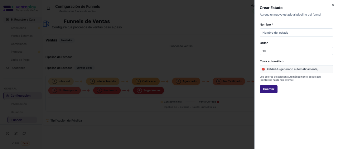 Panel Crear Estado — Panel lateral para agregar un nuevo estado al funnel. Pide `Nombre` y `Orden`, y muestra que el color se genera automáticamente según la progresión del pipeline.