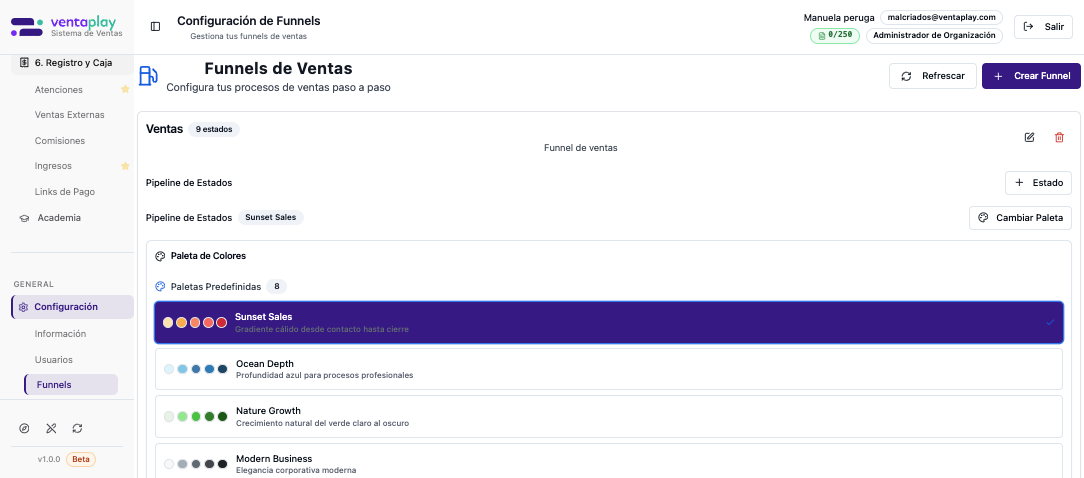 Selector de paleta del funnel — Listado de paletas predefinidas para redefinir la identidad visual del pipeline completo. No modifica una etapa aislada: recalcula la progresión cromática de todos los estados.