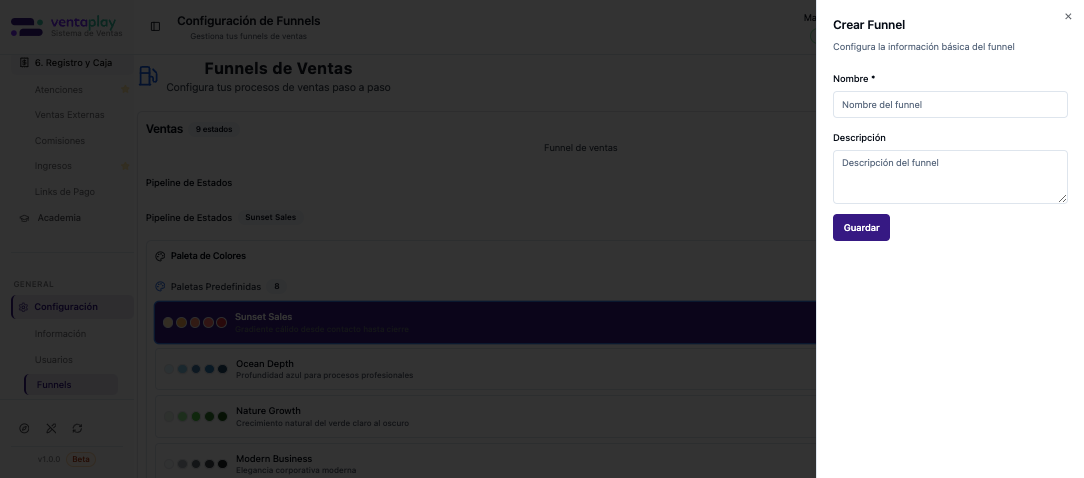 Panel Crear Funnel — Inicio del alta de un funnel nuevo mediante panel lateral con `Nombre` y `Descripción`. Es el primer paso para crear un proceso comercial independiente antes de cargarle estados.
