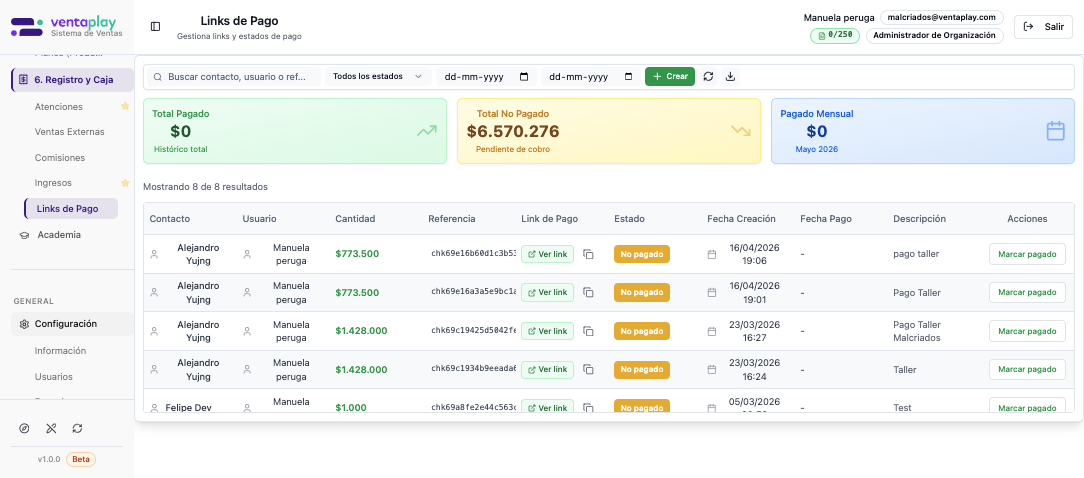 Listado real con cobros pendientes — Vista real de `malcriados@ventaplay.com` con 8 links visibles, `Total No Pagado` por $6.570.276, buscador, filtro por estado, rango de fechas y tabla con referencias, montos, descripciones y acciones operativas.